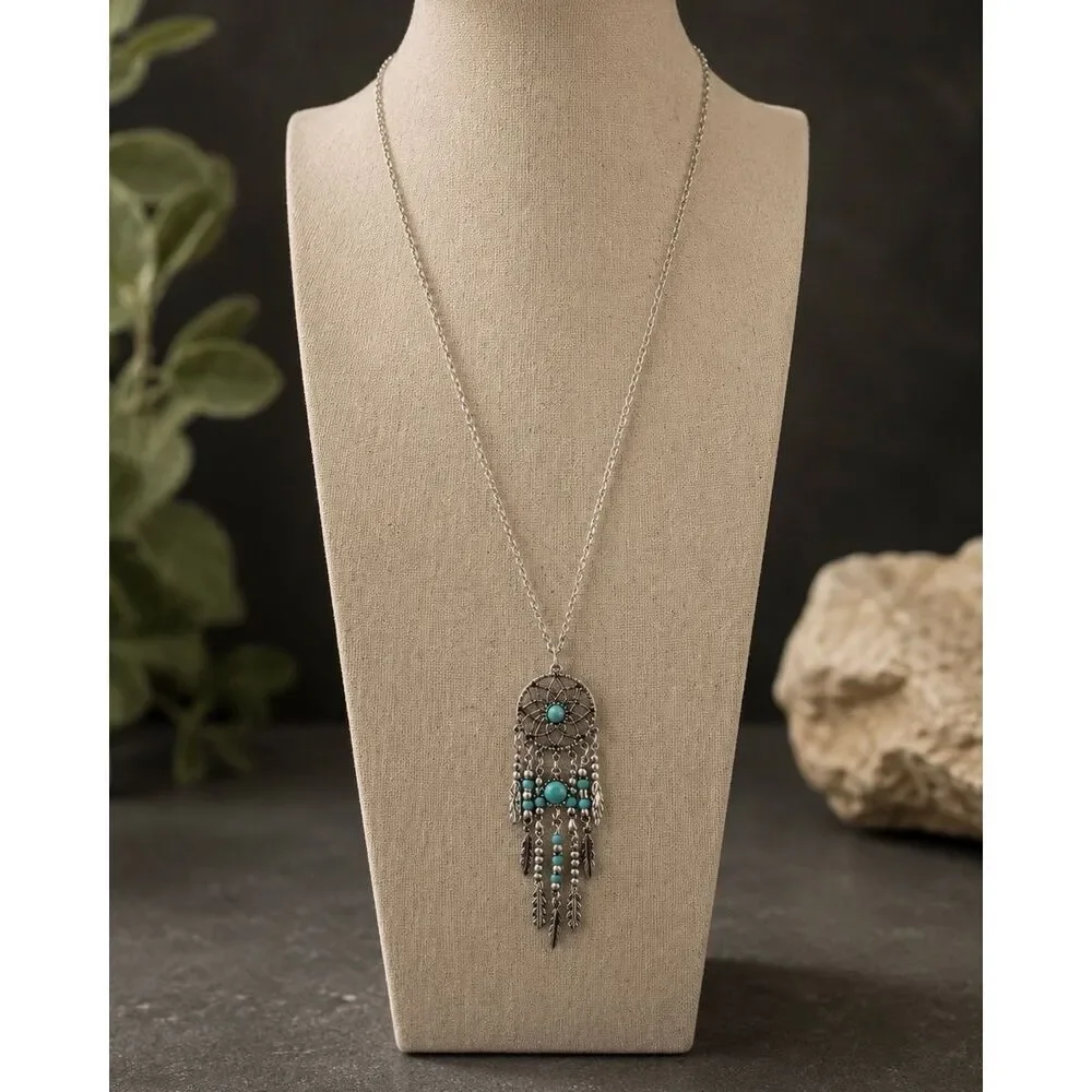 Men’s Turquoise & Feather Dreamcatcher Long Pendant Necklace Silver Tone Tassels
